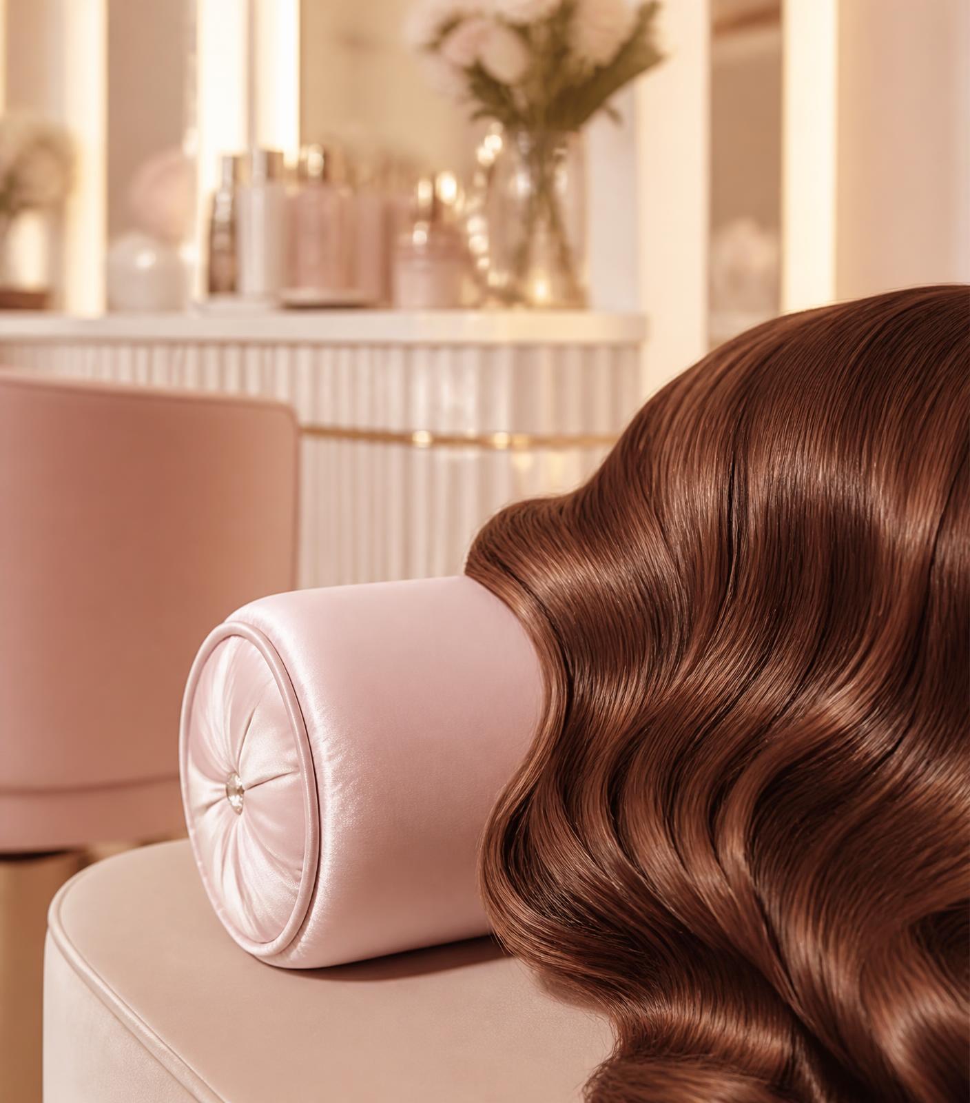 Glossy blow-dried waves in a soft blush salon setting