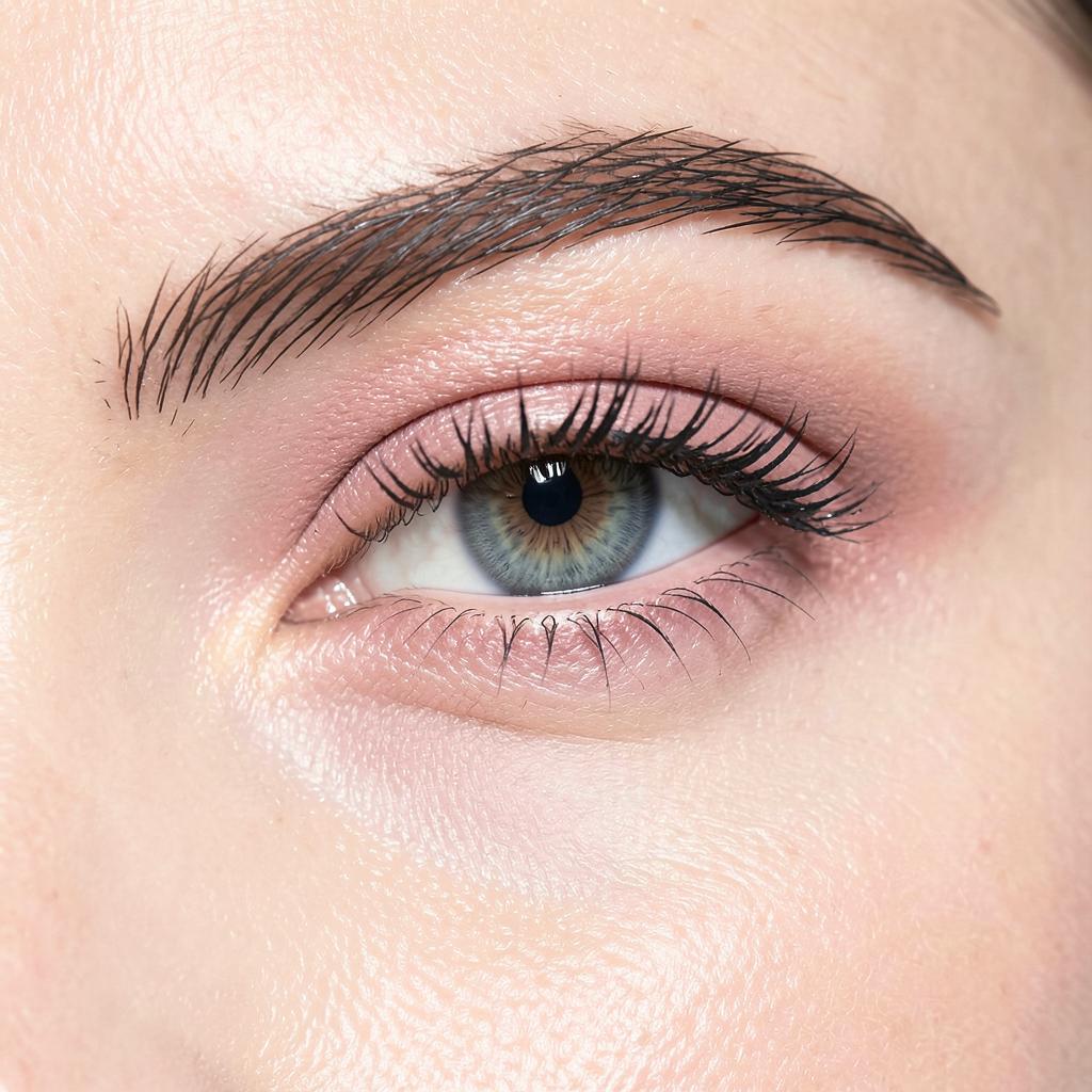 Close-up of tinted lashes and neatly shaped brows