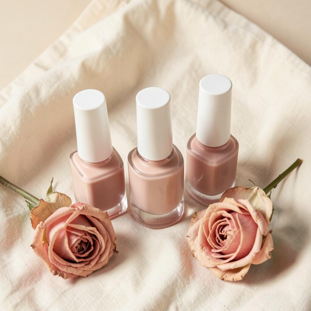 Soft nude pink nail polish bottles on cream linen